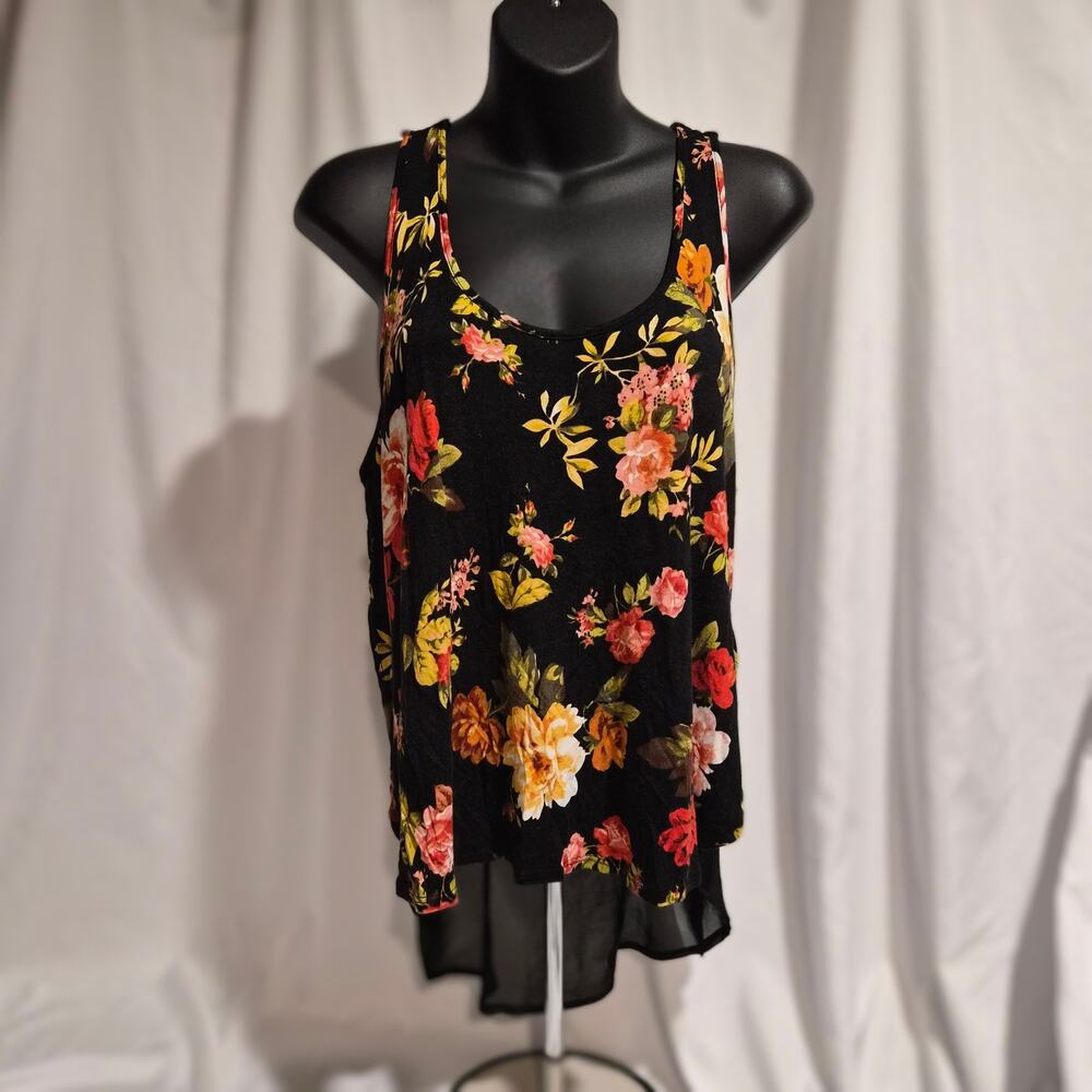 Ambiance Apparel Mixed Media Floral High-Low Racerback whimsigoth‎ Tank M